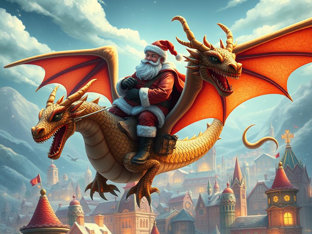 Close-up A Cinematic Render Of Santa Claus In A Luxurious Long Fur Coat Riding An Enormous Lifelike