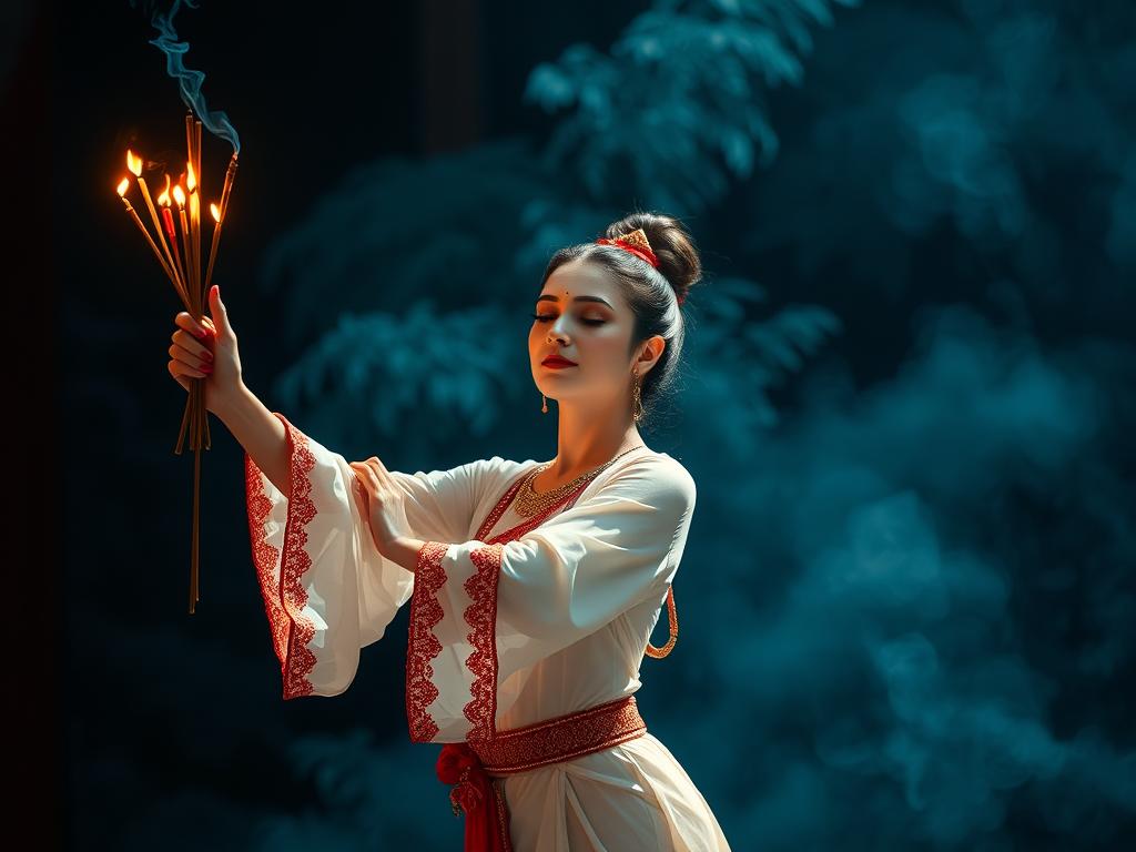 A Beautiful Mermaid Sitting On Stone With Bunch Of Escanse Sticks Burning Nearby