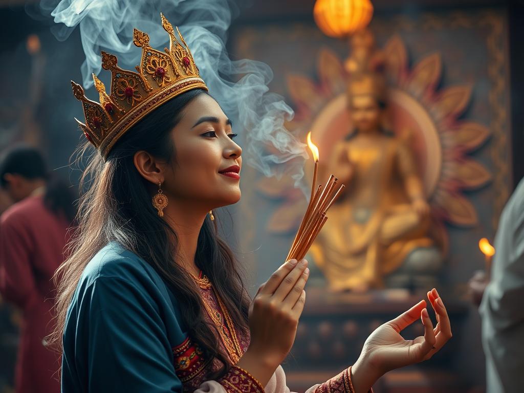 A Pooja Book And A Niranjana And Few Flowers In A Temple And Few Incense Sticks Burning In A Stand